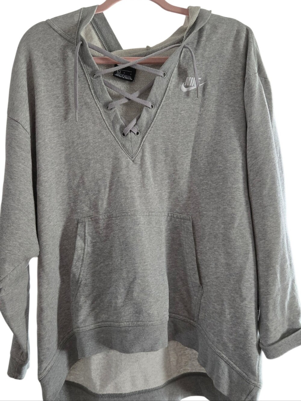 Nike Gray Lace-Up V-Neck Pullover Hoodie